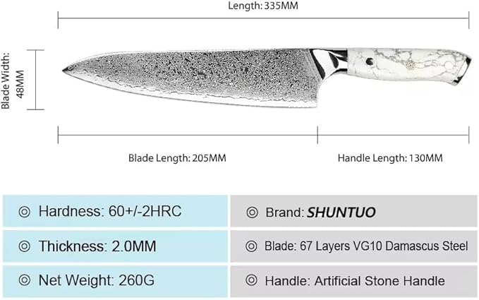 Damascus Chef Knife 8 Inch, Japanese Chef Knife with 67-Layer VG-10 Steel Core, Ultra Sharp Professional Kitchen Knife, White Turquoise Resin Handle, Premium Gift Box