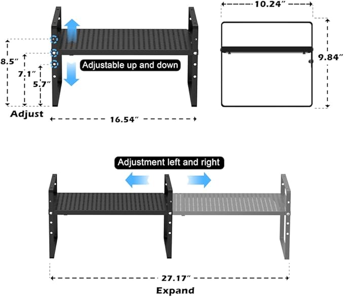 MIYUPTC Expandable Kitchen Cabinet Shelf Organizers, Stackable Metal Pantry Storage Shelves Rack, Adjustable Counter Spice Shelf for Cabinets, Countertop, Cupboard, 2 Pack, Black