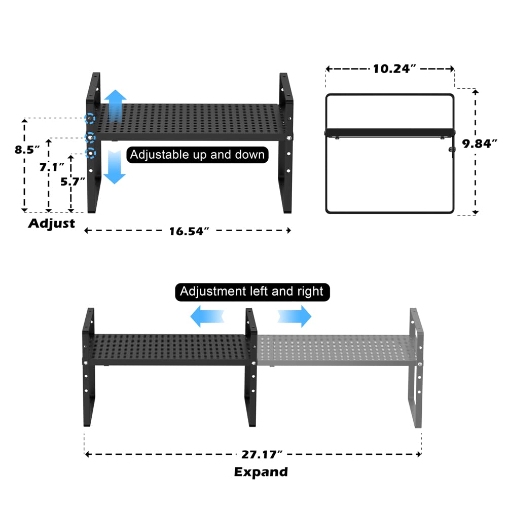 MIYUPTC Expandable Kitchen Cabinet Shelf Organizers, Stackable Metal Pantry Storage Shelves Rack, Adjustable Counter Spice Shelf for Cabinets, Countertop, Cupboard, 2 Pack, Black