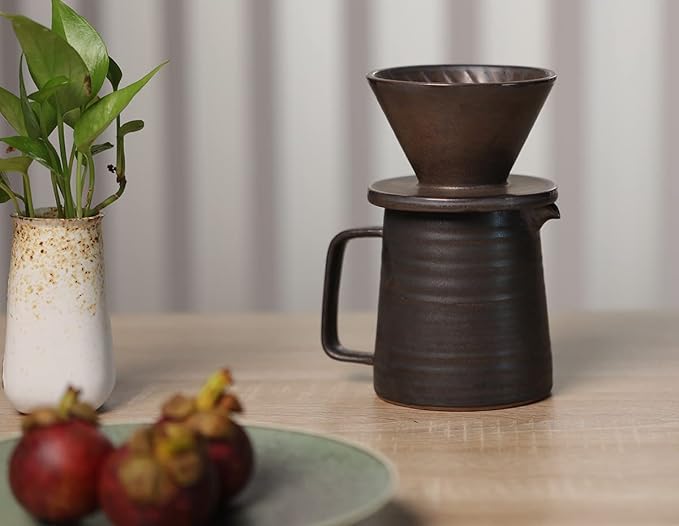 globe faith Stoneware Handmade Pour Over Coffee Maker Set, Ceramic Coffee Brewer Hand Drip Cone Dripper & Coffee Pot Microwaveable Decanter, Retro Metallic Glaze, 16oz