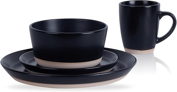 Stone Lain Jules Stoneware 16-Piece Dinnerware Set, Plates and Bowls, Service for 4, Black, Microwave & Dishwasher Safe