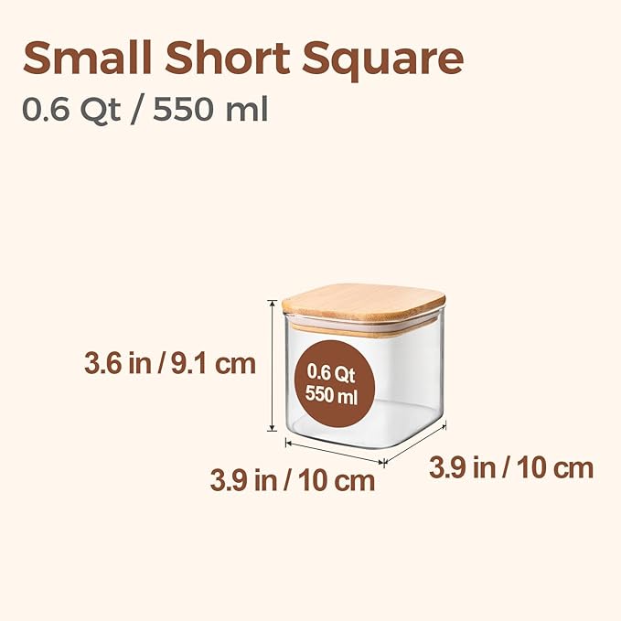 ComSaf Square Glass Containers With Lids 0.6 Qt, Set of 6 Small Galss Jars