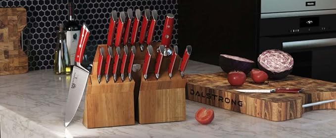 Dalstrong 18-Piece Gladiator Colossal Knife Block Set (Red Handles) — German High-Carbon Steel, Full-Tang, Hand-Sharpened — For Home Chefs, Wedding Registries & Serious Kitchens — Acacia Block, NSF