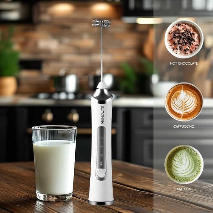 PRIMOVATE Rechargeable Milk Frother Handheld, Electric Coffee Frother with 2 Whisk, 3-Speed Powerful Drink Mixer, USB-C, Milk Foamer for Coffee, Latte, Cappuccino,Matcha & HotChocolate(White no Stand)
