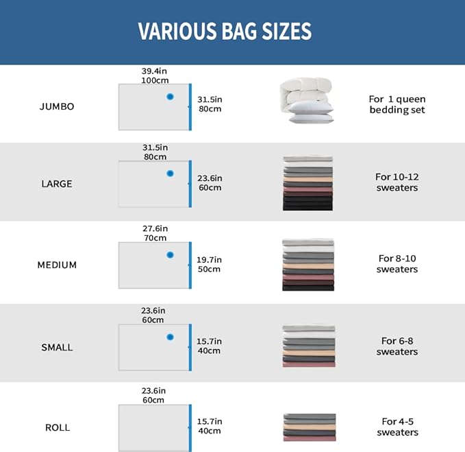 Vacuum Storage Bags 20 Pack Hand Pump, 80% Space Saver Vacuum Sealer bags