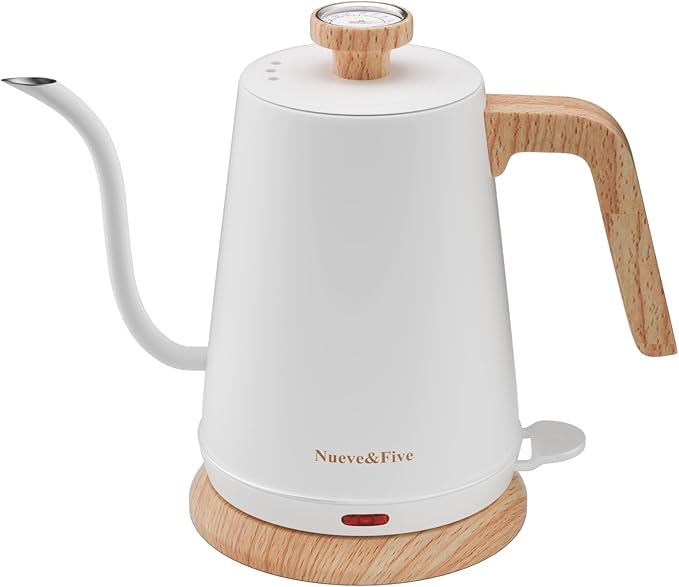 Nueve&Five Electric Gooseneck Kettle with Thermometer, 1.0L Pour Over Hot Water Kettle for Coffee and Tea, 1000W, Auto Shutoff, Boil-Dry Protection, White