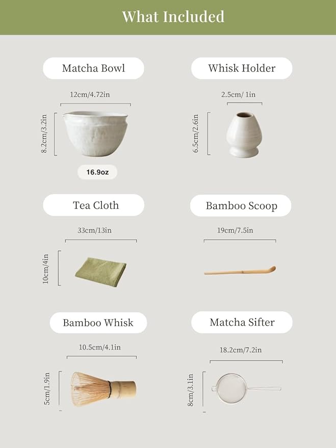 WUSEI Matcha Set with Handmade Ceramic Bowl & Bamboo Whisk, Pearl Gray,6-Pc
