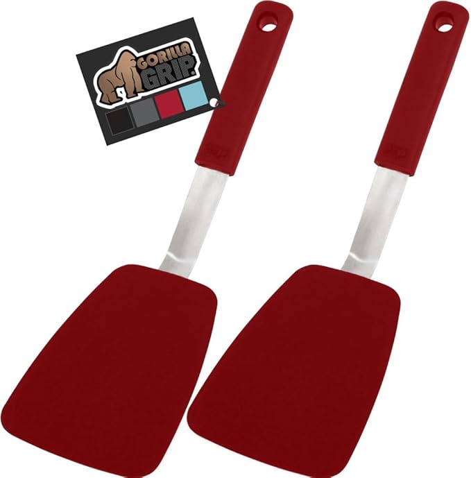 GORILLA GRIP BPA-Free Silicone Spatula for Non Stick Frying Pan, 2 PK, Heat Resistant Flexible Head, Patented Soft Comfortable Handle, Non-Scratch Kitchen Turner, Flip Burgers, Pancakes, 11.6 in, Red