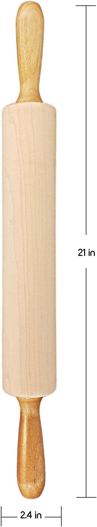 Frieling Maple Rolling Pin with Handles - 2.4-in x 12-in Barrel, 21-in Total Length-Natural Wood - Baking Essentials, Pastry Roller & Pizza Dough Roller