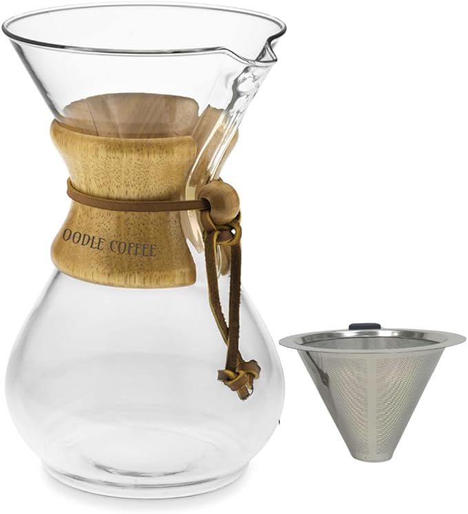 Oodle Coffee Pour Over Coffee Maker, Wood and Glass, 600ml with Stainless Steel Filter, 5 x 9 inches