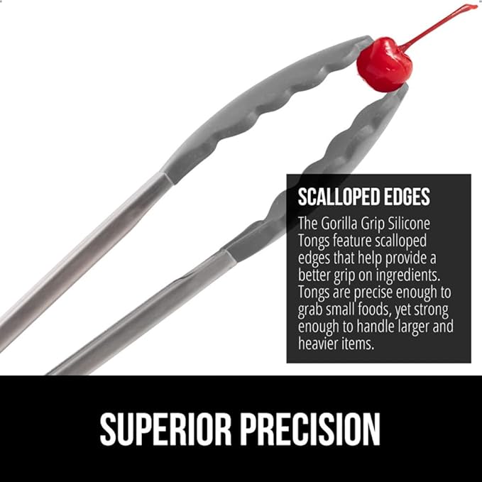 GORILLA GRIP Stainless Steel BPA-Free Kitchen Tongs for Cooking, 9+12 Inch, Heat Resistant BBQ Tong Set of 2, Non Scratch Silicone Tip for Pan, Strong Grip, Grab Food, Toss Salad, Pull Lock, Gray
