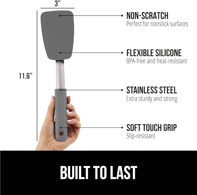 GORILLA GRIP BPA-Free Silicone Spatula for Non Stick Frying Pan, Heat Resistant Flexible Head, Patented Soft Comfortable Handle, Non-Scratch Kitchen Turner, Flip Burgers, Pancakes, 11.6 in, Gray