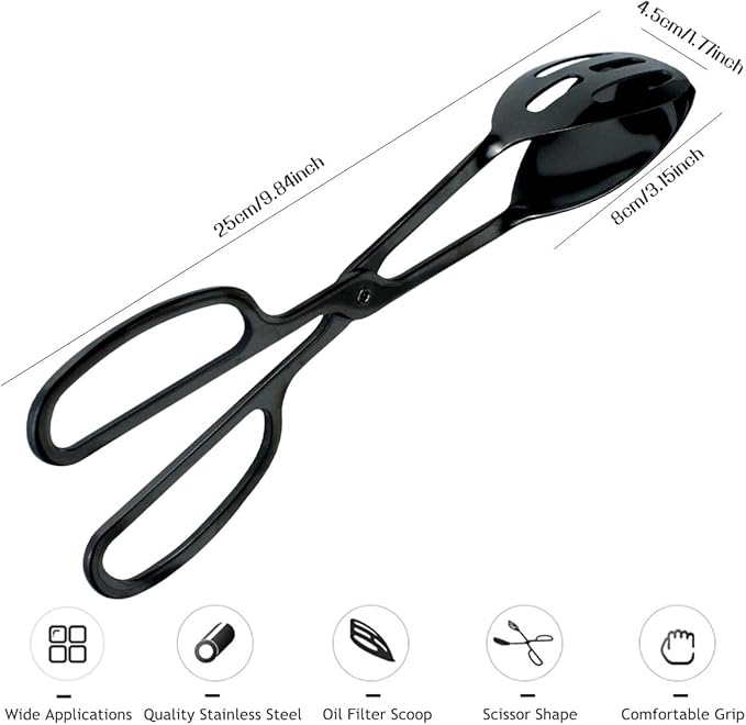 IAXSEE 2 Pieces Buffet Salad Tongs for Kitchen Serving and Cooking, Stainless Steel Food Scissor Tongs, Catering Utensil for Bread Cake Bake Steak Barbecue (Black)