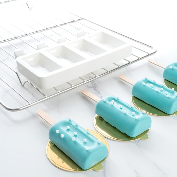 Pastry Tek 4 Cavities Popsicle Molds, 10 Cylinder Cakesicle Molds - Flexible, Freezable, White Silicone Cake Popsicle Molds, Easy Release, For Baking - Restaurantware