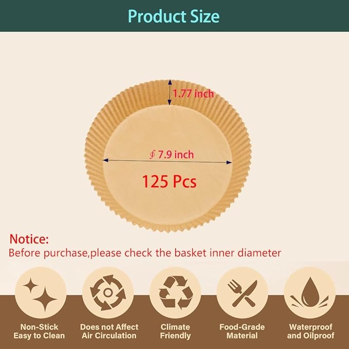 Feetibuo parchment paper for air fryer, 7.9inch round air fryer liners disposable,125PCS Non-stick parchment paper sheets for 5-8QT airfryer liners, Baking, Roasting Microwave