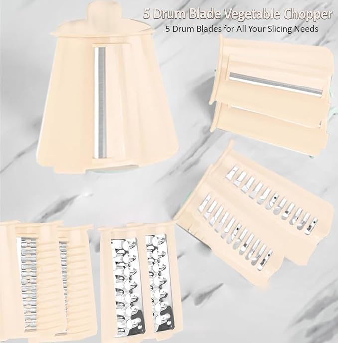 Chef Power's 5 in 1 Rotatory Cheese Grater - Premium Quality Hand Cheese Grater With Handle - Food Chopper for Kitchen - Beige