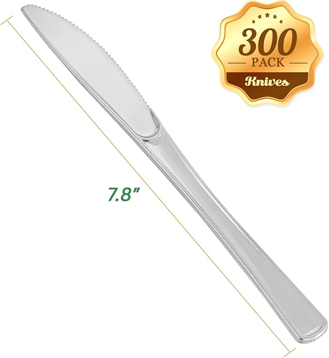 FOCUSLINE 300 Pack Disposable Silver Plastic Knives, Solid and Durable Plastic Cutlery Knives, Heavy Duty Disposable Utensil Silverware for Catering, Parties, Dinners, Weddings