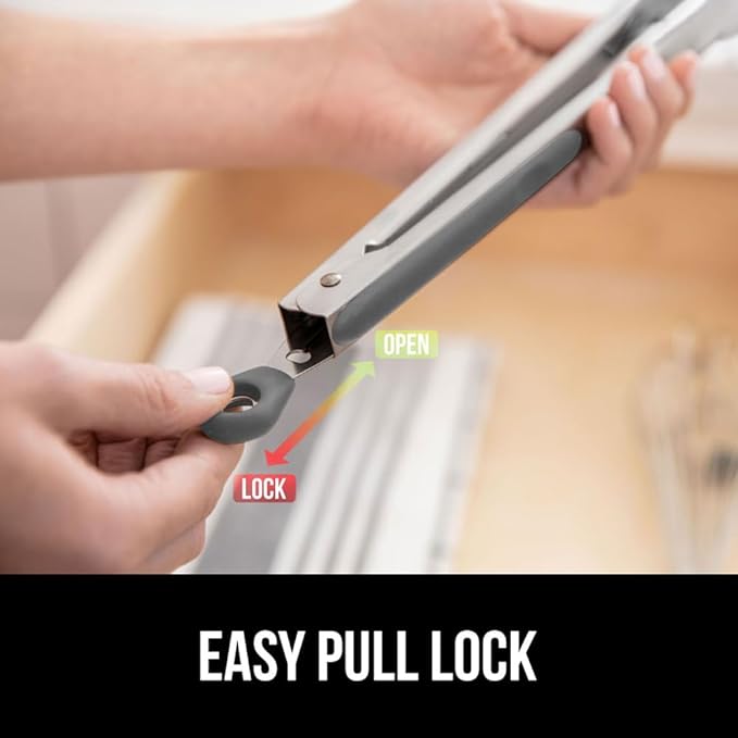 GORILLA GRIP Stainless Steel BPA-Free Kitchen Tongs for Cooking, 9+12 Inch, Heat Resistant BBQ Tong Set of 2, Non Scratch Silicone Tip for Pan, Strong Grip, Grab Food, Toss Salad, Pull Lock, Gray