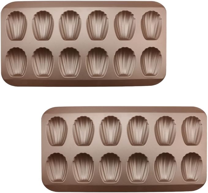 2 Pack Madeleine Pans for Baking, 12 Cavity Heavy Duty Shell Shape Baking Mold Nonstick Cookie Cake Pan for Oven（Gold）