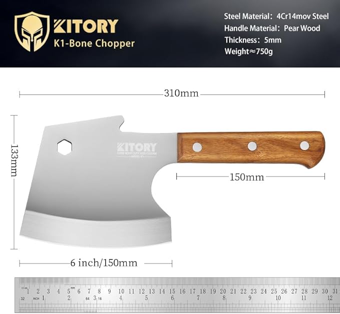 Kitory Meat Cleaver 6 Inch Bone Chopper Knife - Heavy Duty Butcher Cleaver with Wood Handle, High Carbon Stainless Steel Blade, Professional Kitchen Bone Breaker for Home & Commercial Use