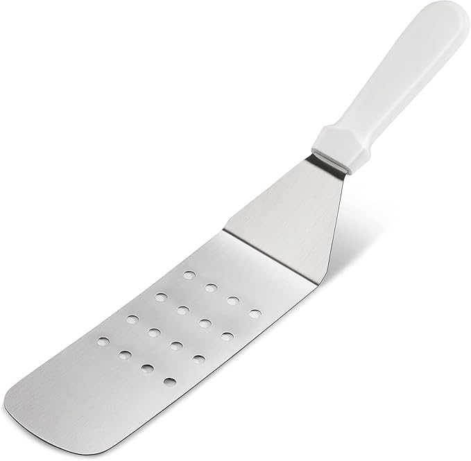 New Star Foodservice 14.5 Inch Perforated Flexible Grill Turner, Stainless Steel Spatula with White Plastic Handle for Griddle, Flat Top, Grill, and Restaurant Use