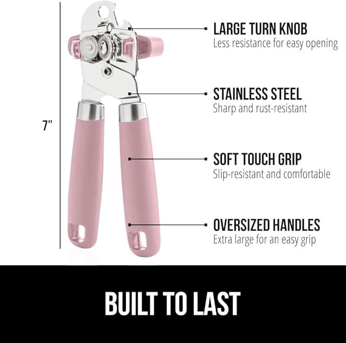 GORILLA GRIP Original Model Stainless Steel Smooth Edge Manual Can Opener and Bottle Openers, US Designed, Comfortable Handle, Oversized Handheld Turn Knob, Multifunctional Kitchen Tool, Pink