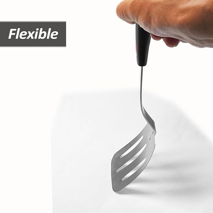Stainless Steel Spatula, Flexible Metal Slotted Turner for Cast Iron Skillet, Thin Blade and Heat Resistant Silicone Handle, Great for Egg, Cookie, Meat, Crep, Small