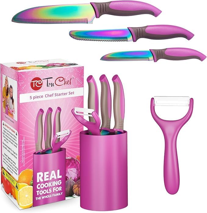 TruChef 5-Piece Kids Knife Set for Real Cooking | Stainless Steel Chef, Paring & Serrated Knives with Peeler & Holder | Safe Junior Chef Cooking Set for Kids (5 pcs, Pink)