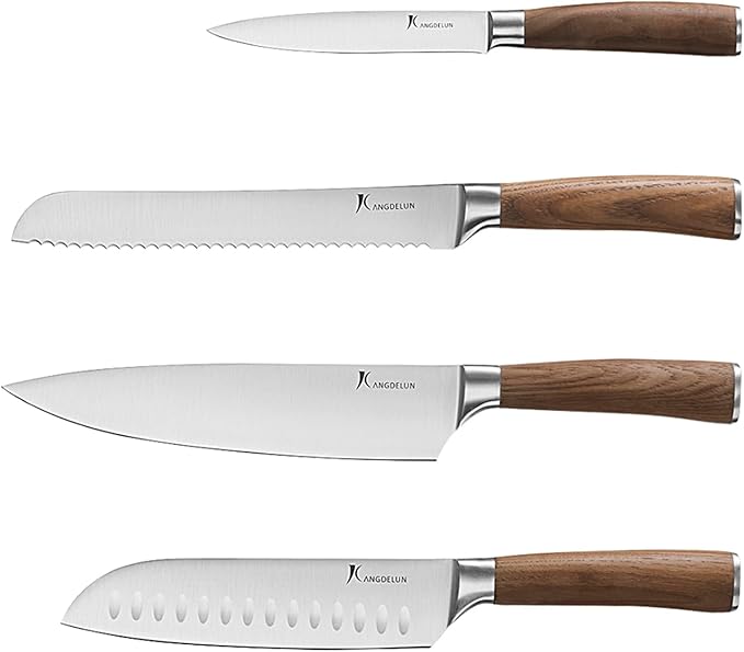kangdelun Ultra Sharp 4-Piece Chef Knife Set, 50Cr15MoV High-Carbon Stainless Steel, Torrefied Brown Ash Wood Handles, Magnetic Gift Box