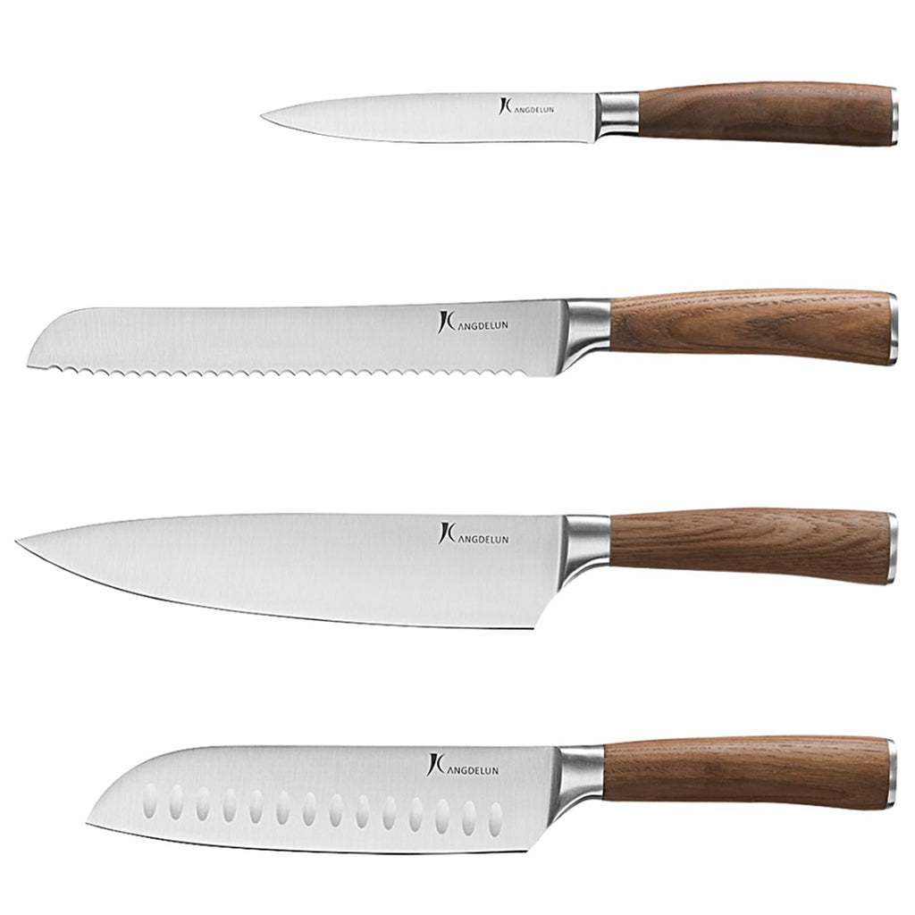 kangdelun 4-Piece Kitchen Knife Set, 50Cr15MoV High-Carbon Stainless Steel, 56-58 HRC Ultra Sharp, Dark Ash Wood Handle, 8" Chef, 8" Bread, 7" Santoku & 5" Utility, Magnetic Gift Box