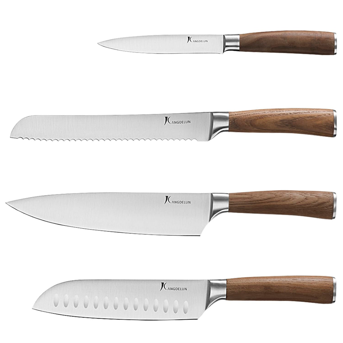 kangdelun 4-Piece Kitchen Knife Set, 50Cr15MoV High-Carbon Stainless Steel, 56-58 HRC Ultra Sharp, Dark Ash Wood Handle, 8" Chef, 8" Bread, 7" Santoku & 5" Utility, Magnetic Gift Box