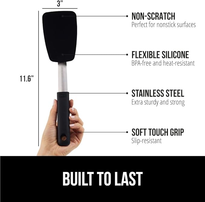 GORILLA GRIP BPA-Free Silicone Spatula for Non Stick Frying Pan, 2 PK, Heat Resistant Flexible Head, Patented Soft Comfortable Handle, Non-Scratch Kitchen Turner, Flip Burgers, Pancakes, 11.6 in Black
