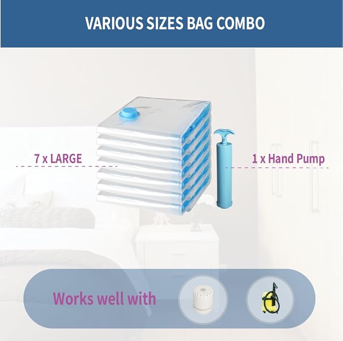 Vacuum Storage Bags Large 7 Pack Hand Pump, 80% Space Saver Vacuum Seal Bag