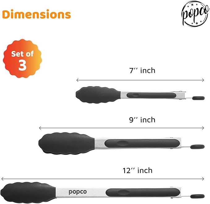 Popco 3-Piece Kitchen Tongs Set – Stainless Steel Heat Resistant Silicone Tips, Strong Comfort Grip, 3 Sizes (7, 9, 12 Inch), Non-Scratch, Dishwasher Safe, For Cooking, BBQ, Salad