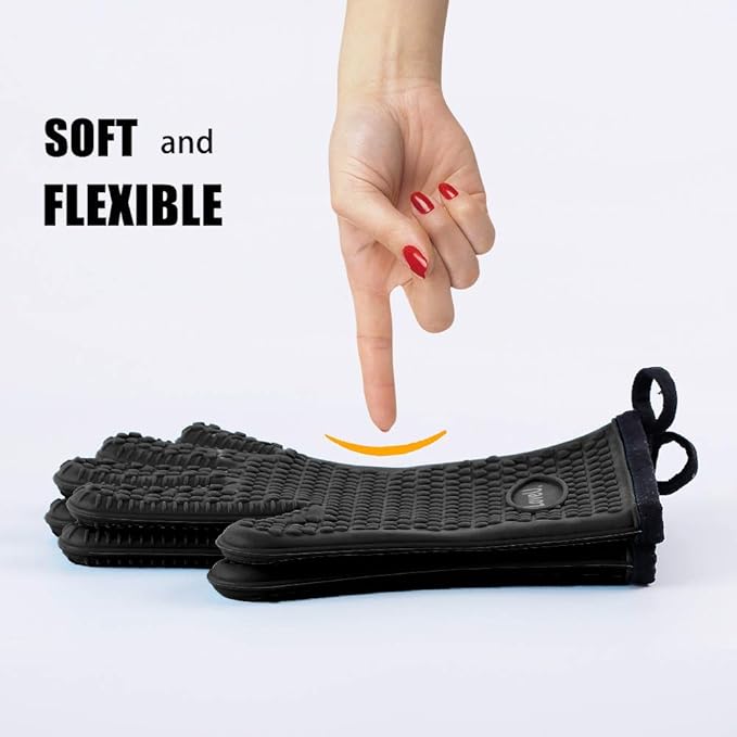 Loveuing Kitchen Oven Gloves - Dual-Layer Heat Resistant Grilling Gloves, Silicone Oven Mitts with 5 Fingers, Waterproof Non-Slip Pot Holder for Barbecue, Cooking, Baking (Black)