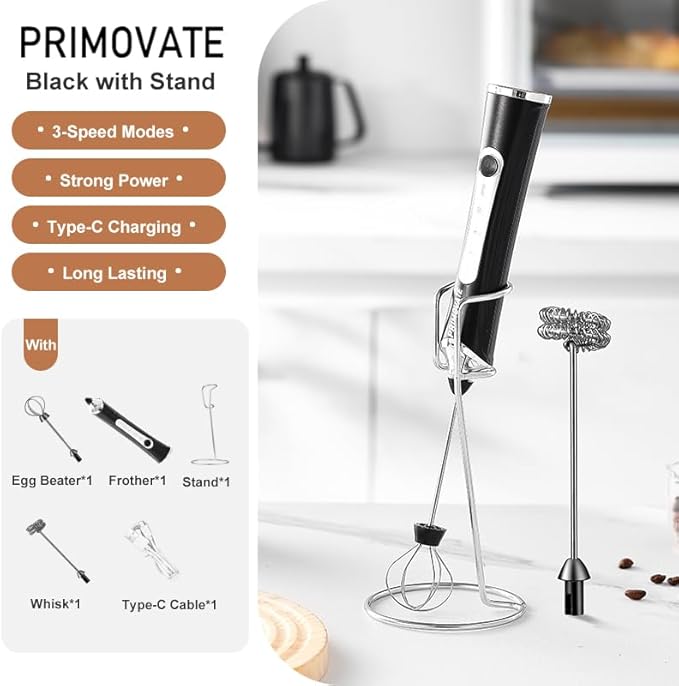 PRIMOVATE Rechargeable Milk Frother Handheld, Electric Coffee Frother with 2 Whisk, 3-Speed Powerful Drink Mixer, USB-C, Milk Foamer for Coffee, Latte, Cappuccino,Matcha & HotChocolate(White no Stand)
