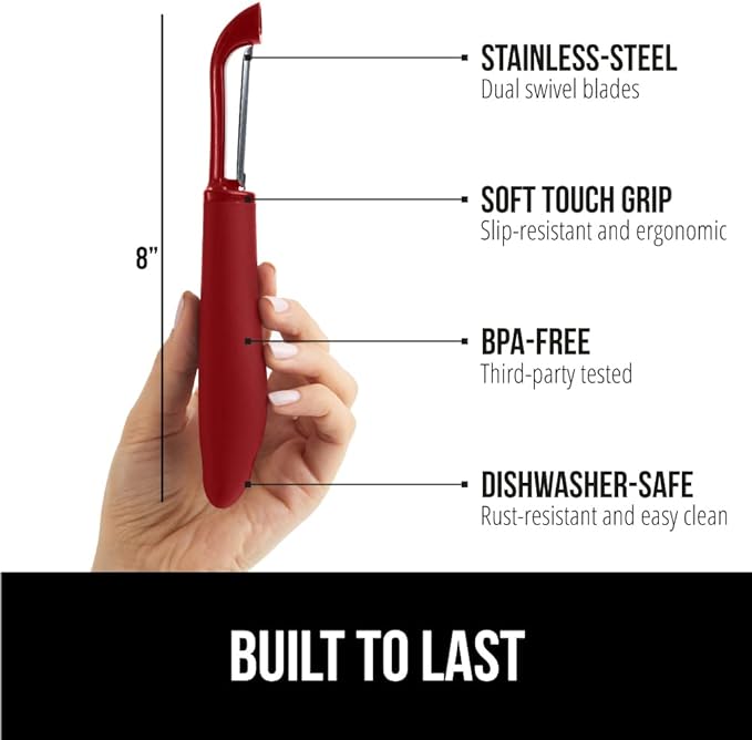 GORILLA GRIP® Patented BPA-Free Vegetable Peeler, Extra Sharp Swivel Stainless Steel Blades with Guard, Comfortable Soft Handle, Easily Peel Carrots or Fruit, Potato Eye Remover, Dishwasher Safe, Red