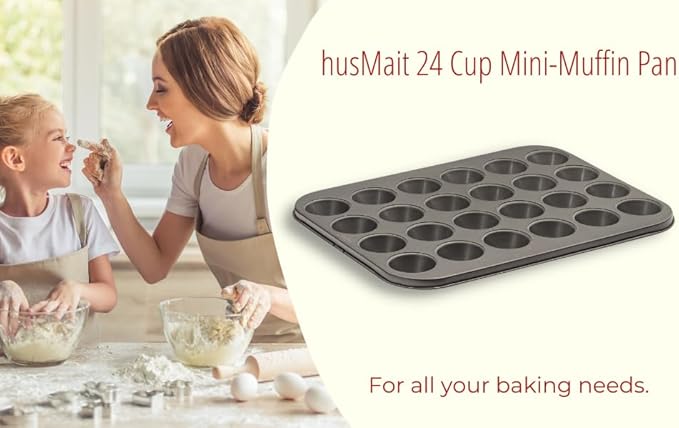 husMait 24-Cup Mini Muffin Pan - Non-Stick Carbon Steel Mini Cupcake Pan - Heavy Duty Metal Baking Tray, Warp-Resistant, PFOA Free & Dishwasher Safe