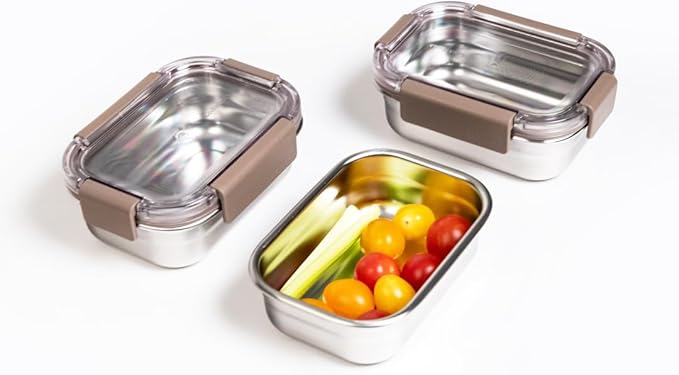 LocknLock Stainless Steel Food Storage Containers with Lids, Metal Lunch Boxes, Leak-Proof, Microwave, Freezer and Dishwasher Safe, 3-Piece Set, 3 x 310ml