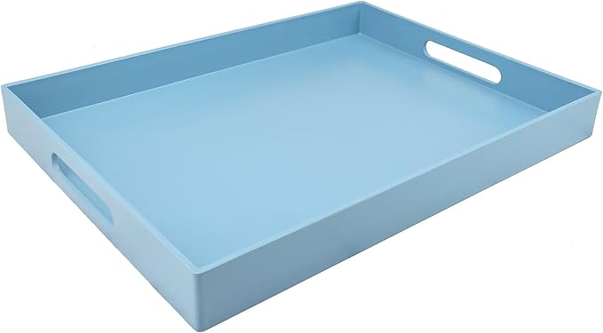 SforGUVA Blue Serving Tray for Coffee Table, Rectangular Plastic Decorative Tray with Handles for Entertaining, Outdoor Patio, Living Room, Ottoman, Bathroom Counter, 11.8”*15.7”*1.6”