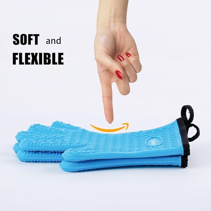 Loveuing Kitchen Oven Gloves - Dual-Layer Heat Resistant Grilling Gloves, Silicone Oven Mitts with 5 Fingers, Waterproof Non-Slip Pot Holder for Barbecue, Cooking, Baking (Small, Blue)