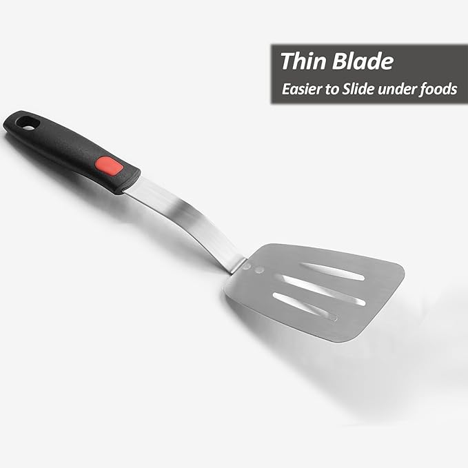 Stainless Steel Spatula, Flexible Metal Slotted Turner for Cast Iron Skillet, Thin Blade and Heat Resistant Silicone Handle, Great for Egg, Cookie, Meat, Crep, Small