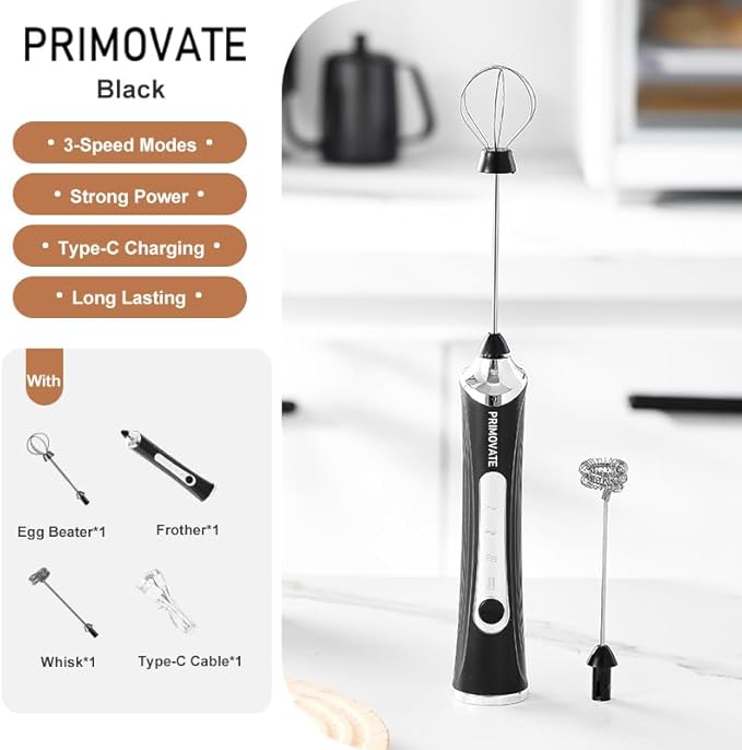 PRIMOVATE Rechargeable Milk Frother Handheld, Electric Coffee Frother with 2 Whisk, 3-Speed Powerful Drink Mixer, USB-C, Milk Foamer for Coffee, Latte, Cappuccino,Matcha & HotChocolate(White no Stand)