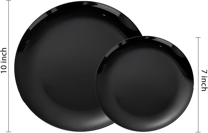 PULOTE 200PCS Black Plastic Plates - Heavy Duty Black Disposable Include 100 Each (10 inch Dinner & 7 inch Dessert) Plates, Disposable for Party, Birthday & Graduation