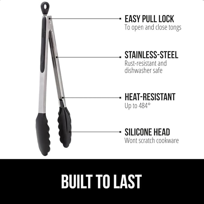 GORILLA GRIP Stainless Steel BPA-Free Kitchen Tongs for Cooking, 7+9+12 Inch, Heat Resistant BBQ Tong Set of 3, Non Scratch Silicone Tip for Pan, Strong Grip, Grab Food, Toss Salad, Pull Lock, Black