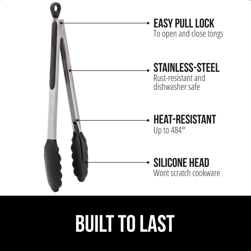 GORILLA GRIP Stainless Steel BPA-Free Kitchen Tongs for Cooking, 9+12 Inch, Heat Resistant BBQ Tong Set of 2, Non Scratch Silicone Tip for Pan, Strong Grip, Grab Food, Toss Salad, Pull Lock, Black