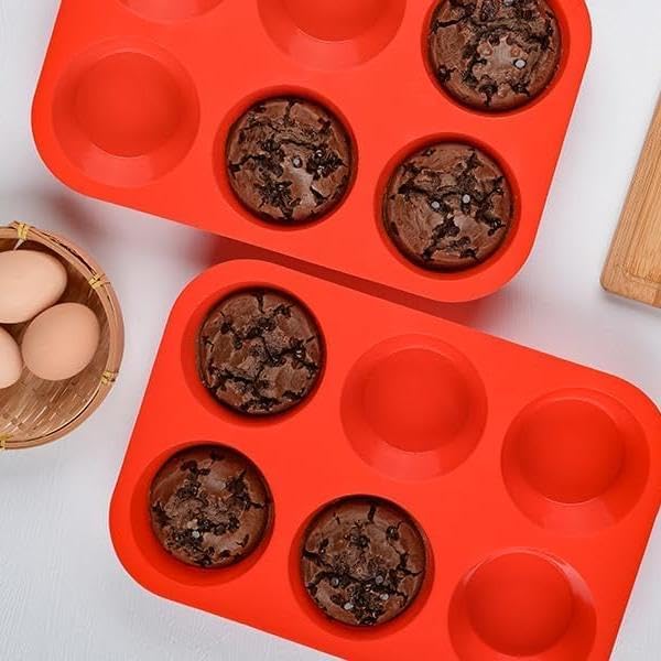 CAKETIME Silicone Jumbo Muffin Pan, 3.5 Inch Silicone Texas Muffin Pan 6 Cup Large Cupcake Pan Nonstick BPA Free Silicone Molds 2 Pack Red