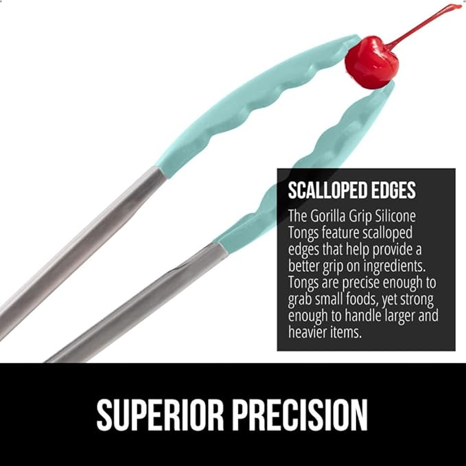 GORILLA GRIP Stainless Steel BPA-Free Kitchen Tongs for Cooking, Heat Resistant BBQ Tong Set of 2, Non Scratch Silicone Tip for Pan, Strong Grip, Grab Food, Toss Salad, Pull Lock, 7+9 Inch, Mint