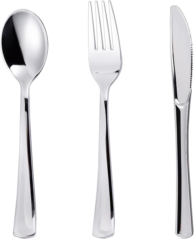N9R 200PCS Silver Plastic Silverware, Disposable Utensils & Cutlery
