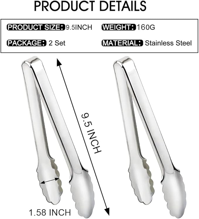 IAXSEE 2 Pack Serving Tongs Serving Utensils Salad Tongs Metal Buffet Tongs Non-slip & Easy Grip Stainless Steel Plated Buffet Serving Tongs, Salad, Ice, Oven (9.5 Inch) (Silver)